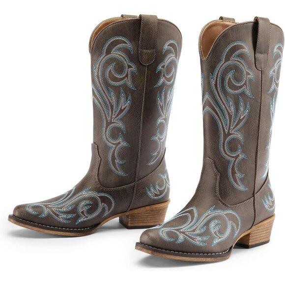 Dream Pairs Women's Brown Mid Calf Cowgirl Boots Square Toe Chunky Heel Shoes - Picture 3 of 8